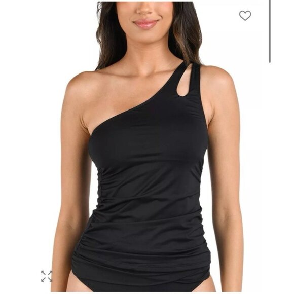 La Blanca Black One Shoulder Tankini Top Size 12 Tummy Control Ruched Swimwear - Picture 1 of 7